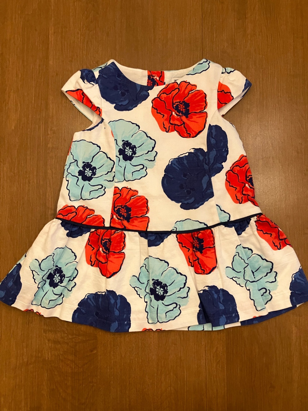 6-12M Janie and Jack Dress + Bloomers. White with Blue and Red Flowers. Cotton.